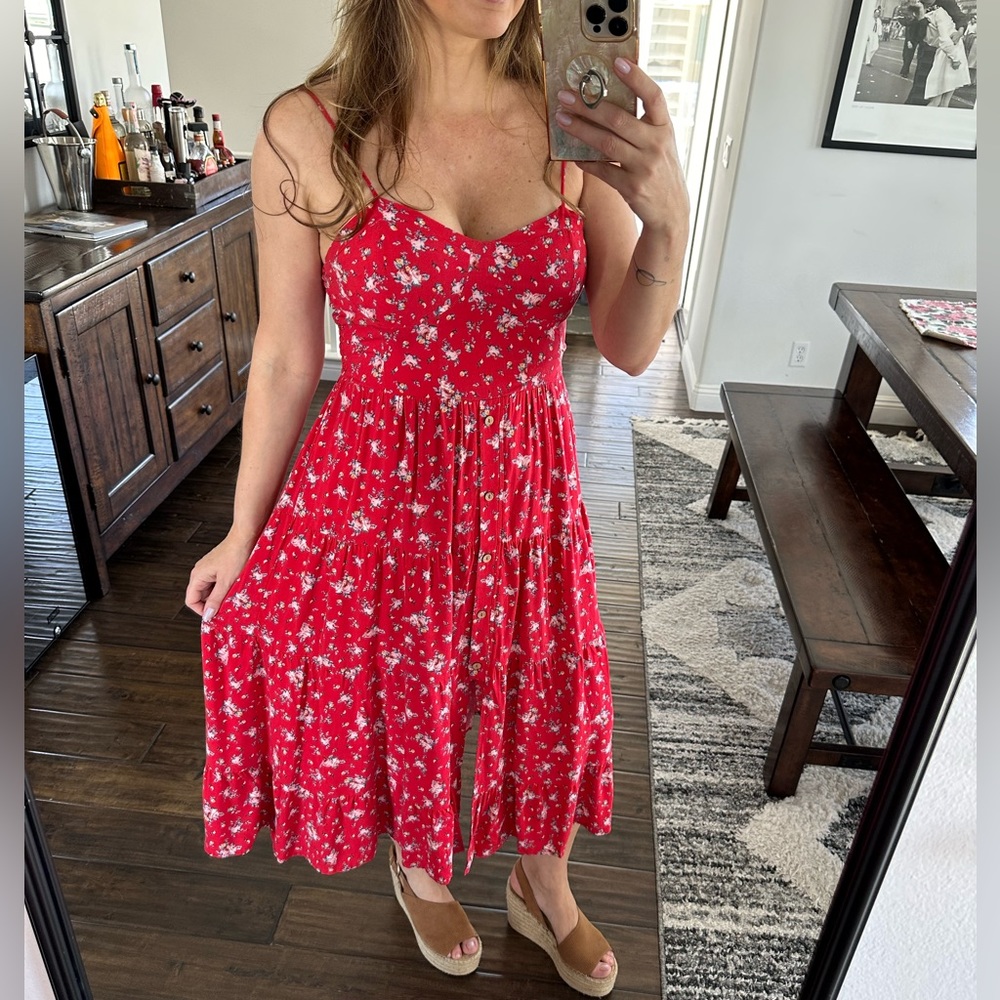 Band of Gypsies Sundress Red Floral Flowy Midi Dress Size Medium